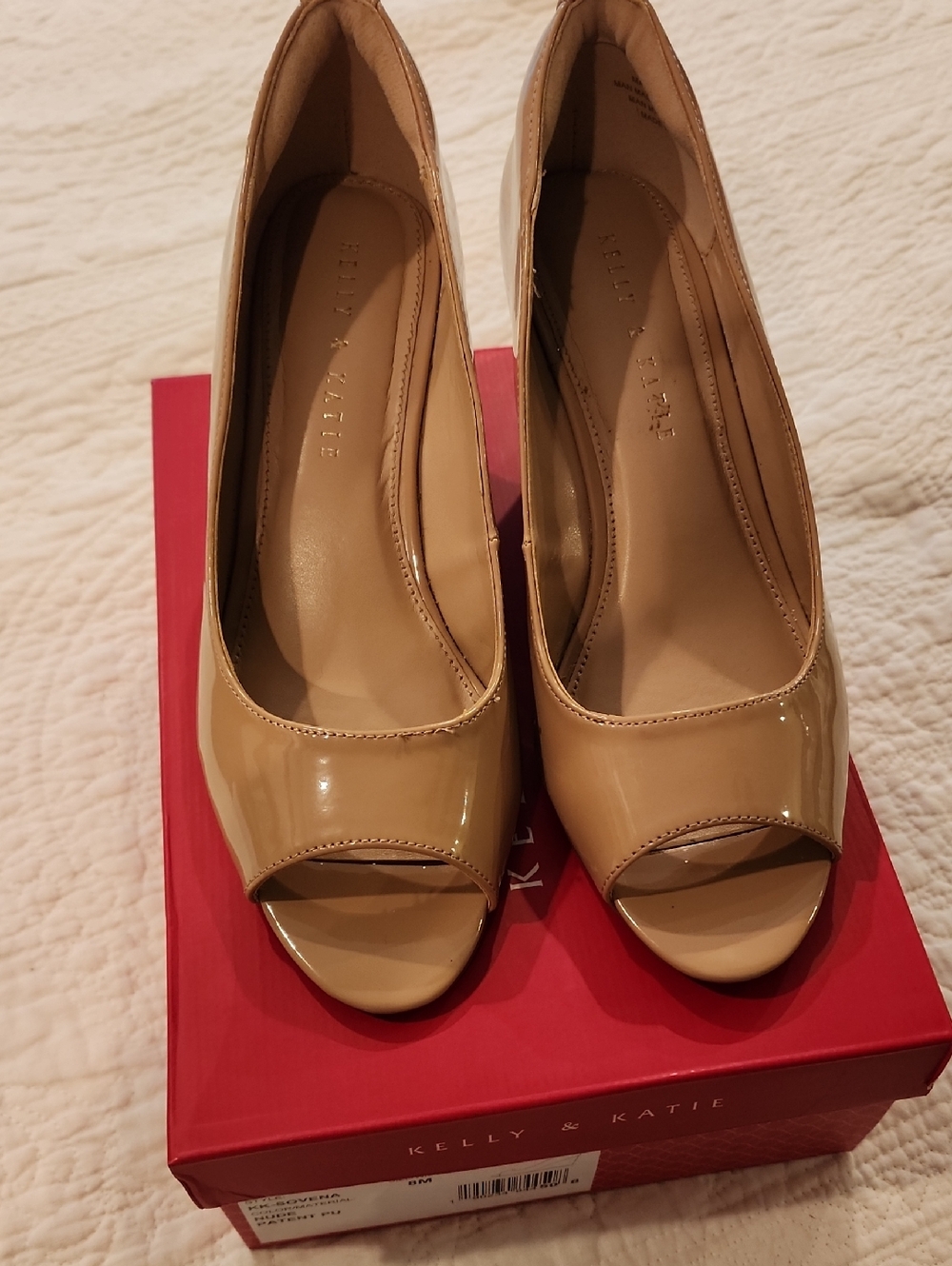Kelly & Katie Nude Patent Peep-Toe Wedge Heel